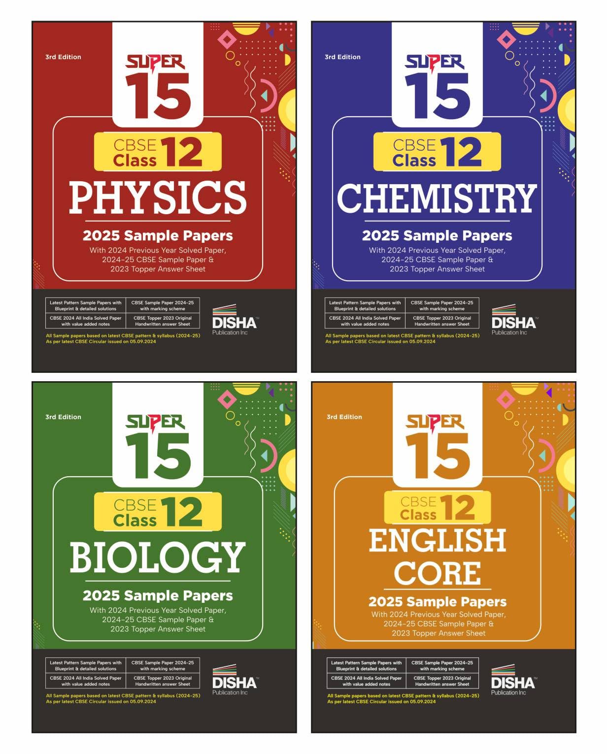 Disha Combo Of Super 15 Cbse Class 12 Physics, Chemistry, Biology & English Core 2025 Sample Papers | 2024 Solved Papers | Toppe