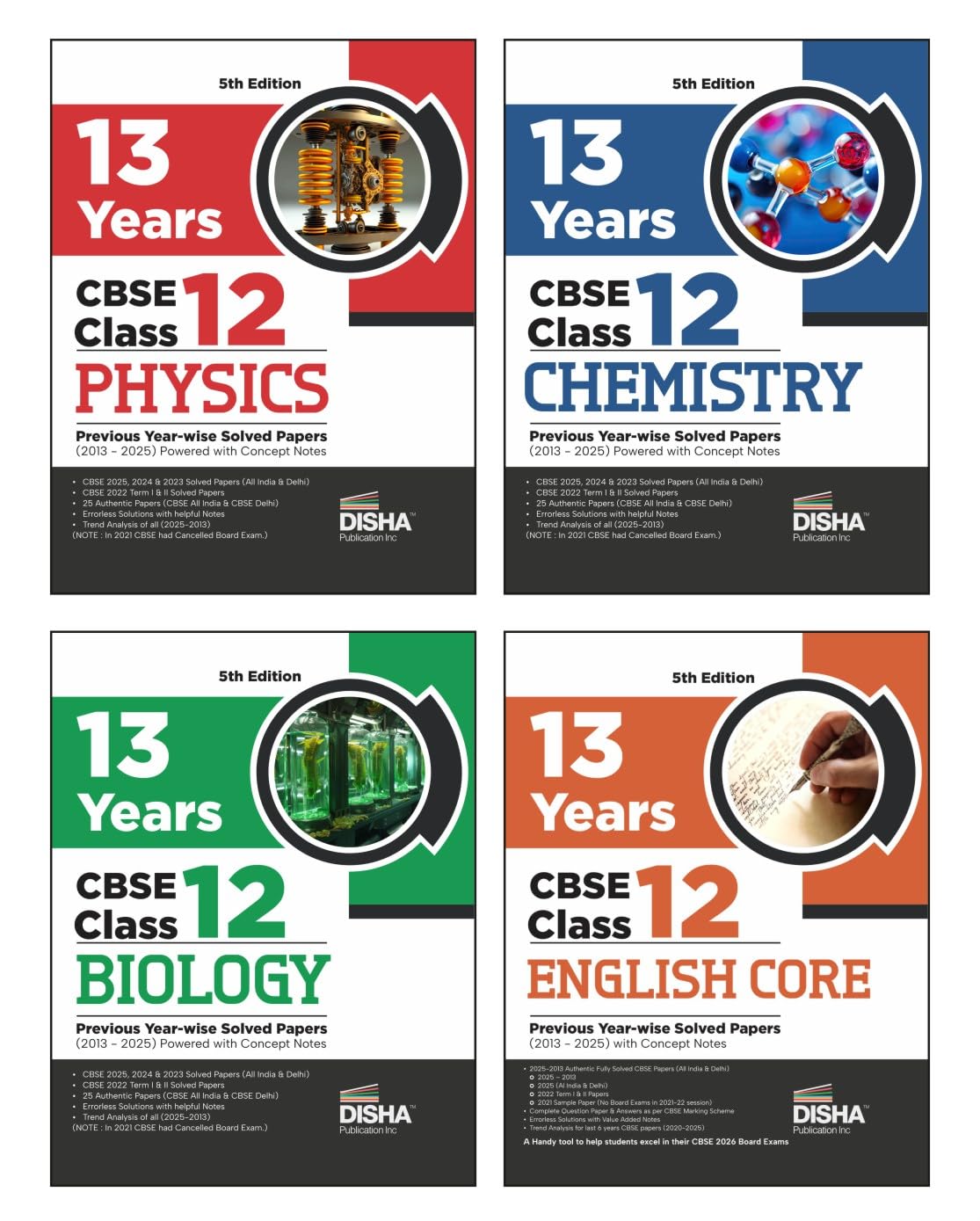 Disha Combo (4 Books) 13 Years Cbse Class 12 Solved Physics, Chemistry, Biology & English Core Previous YearWise Question Paper