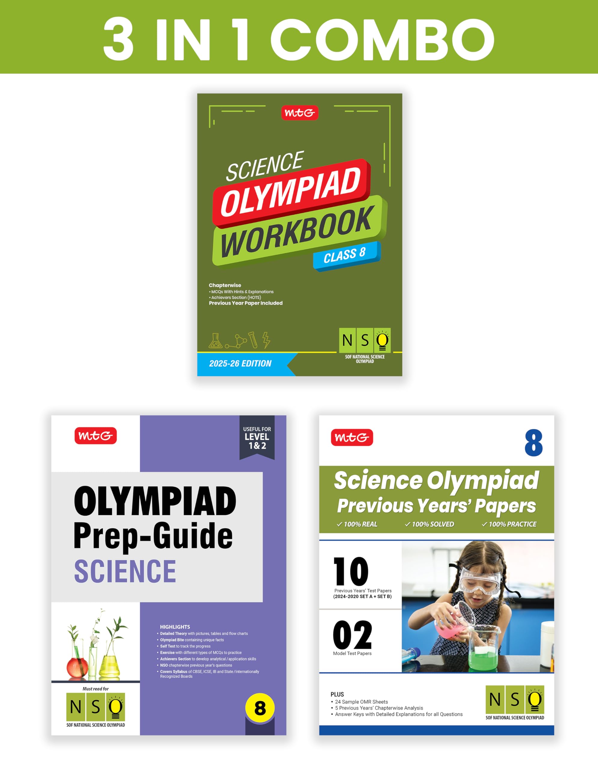 MTG Class8 National Science Olympiad (NSO) Workbook, PrepGuide & Previous Years Papers (PYQs) with Mock Test Paper (Set of 3 B
