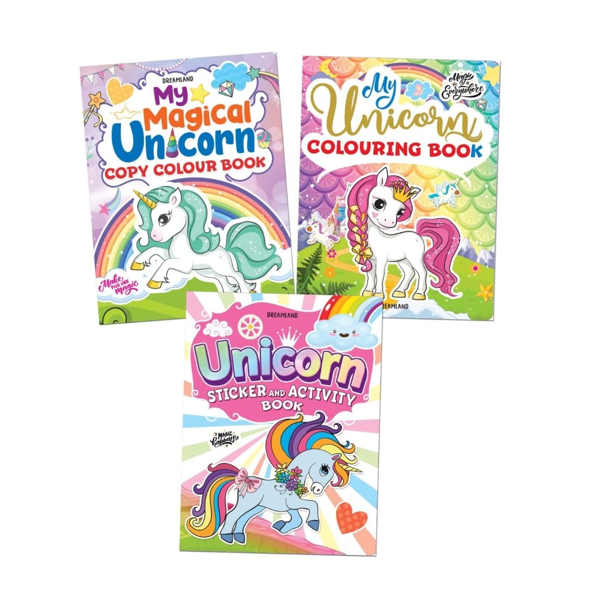 My Unicorn Books Pack Of 3 Includes Unicorn Sticker Book, Activity Book, Copy Colour Book & Colouring Book | Fun Activities, Sti