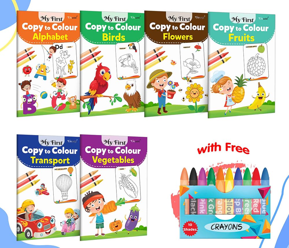 My First Copy to Colour  Alphabet, Birds, Flowers, Fruits, Transport and Vegetables with 10 WAX CRAYONS : Crayon art books for 