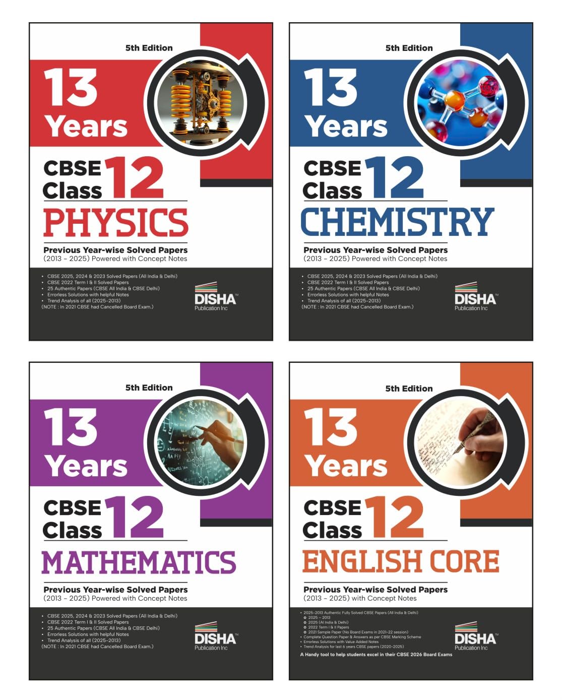 Disha Combo (4 Books) 13 Years Cbse Class 12 Solved Physics, Chemistry, Mathematics & English Core Previous YearWise Question P