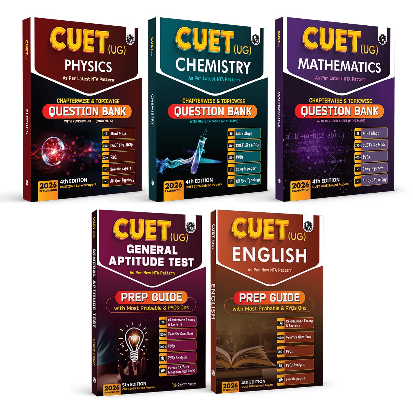 PW CUET UG Entrance Exam Books 2026  Physics, Chem, Maths, General Test (GT) & English Combo Set of 5 | Chapterwise & Topicwise