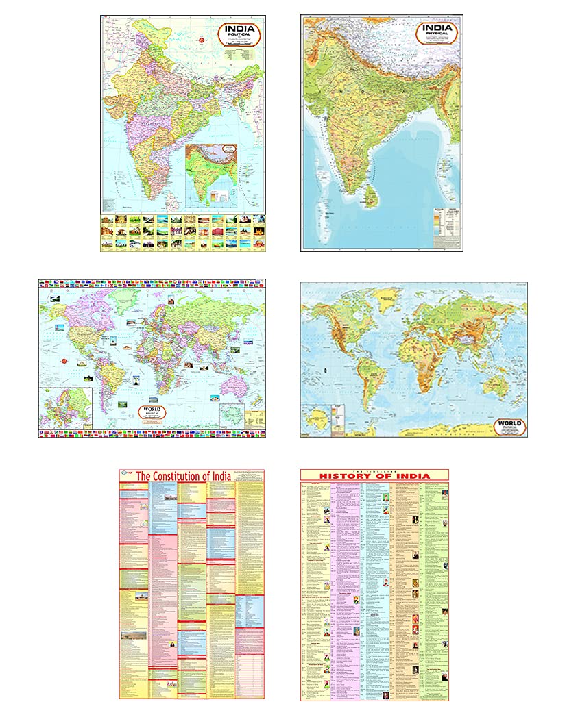 India & World Map ( Both Political & Physical ) with Constitution of India Chart & History of India Chart | Set Of 6 | Useful fo