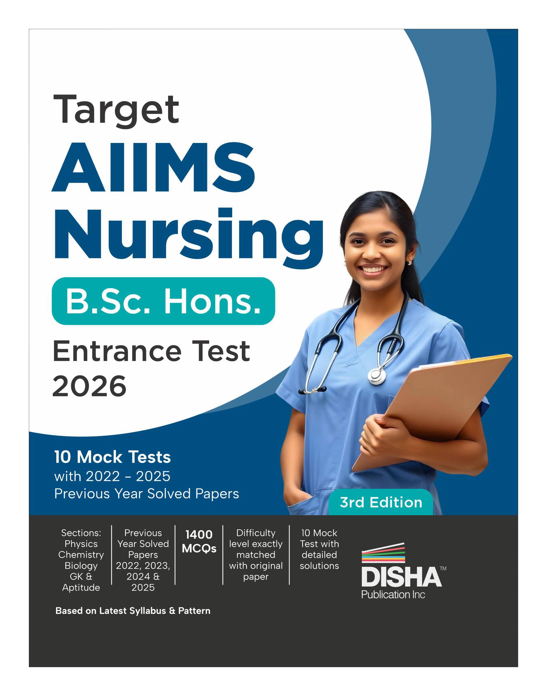 Disha Target AIIMS Nursing B.Sc. Hons. Entrance Test 2026  10 Mock Tests with 2022  2025 Previous Year Solved Papers 3rd Editi