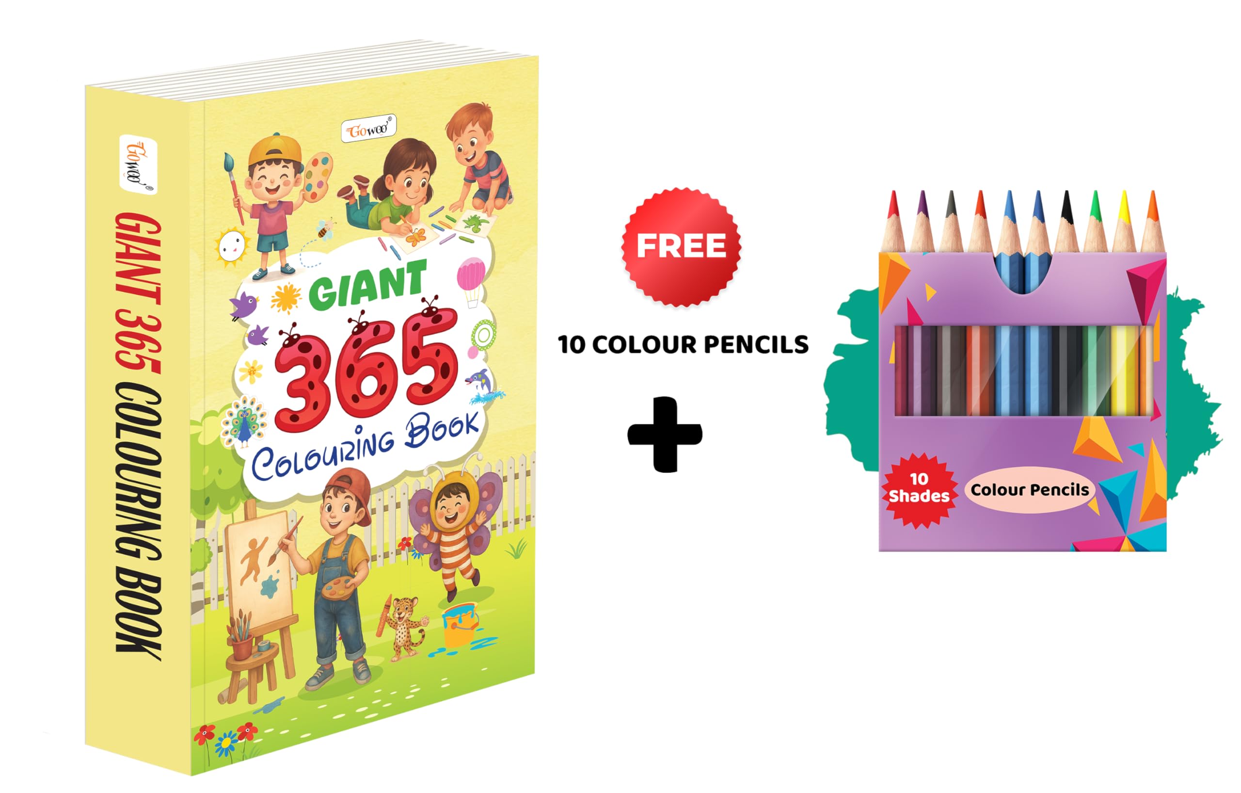 GIANT  365 Colouring Book and 10 Colour Pencils : yearlong colouring fun, imaginative art workbook, kids skill building book, 