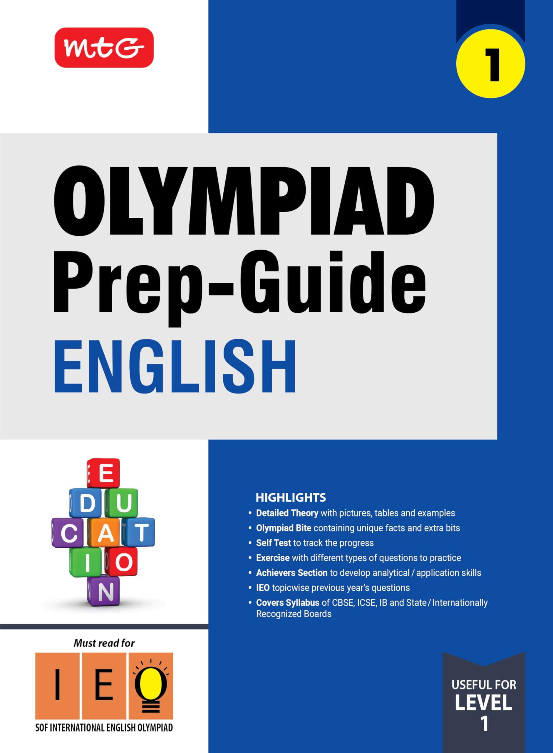 MTG Olympiad PrepGuide Class 1 English (IEO)  Detailed Theory, IEO Topicwise Previous Years Questions with Self Test For SOF 2