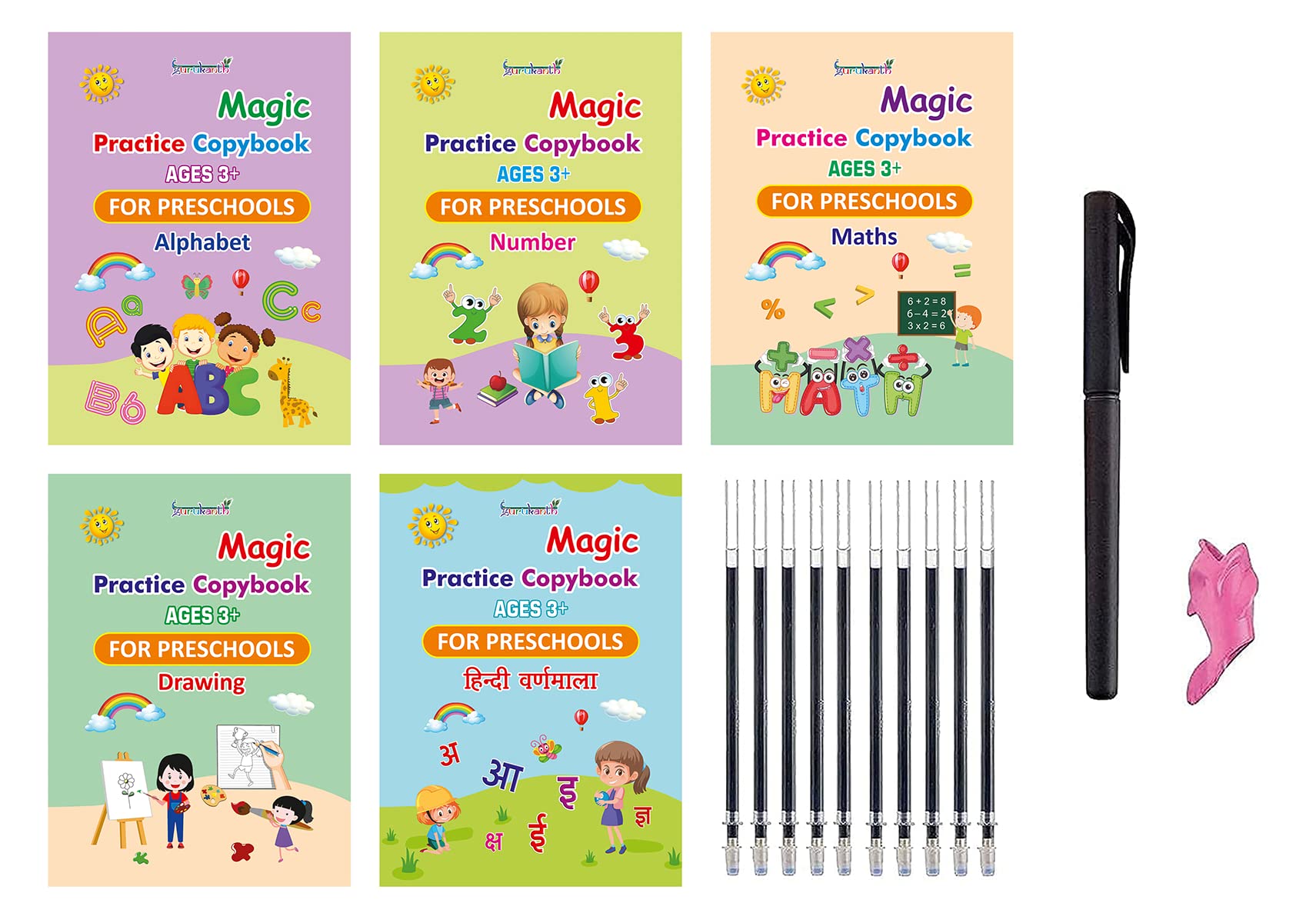 Magic Practice Copybook English & Hindi(5 Book + 10 Refill+ 1 Pen +1 Grip) Number Tracing Book For Preschoolers With Pen, Magic 