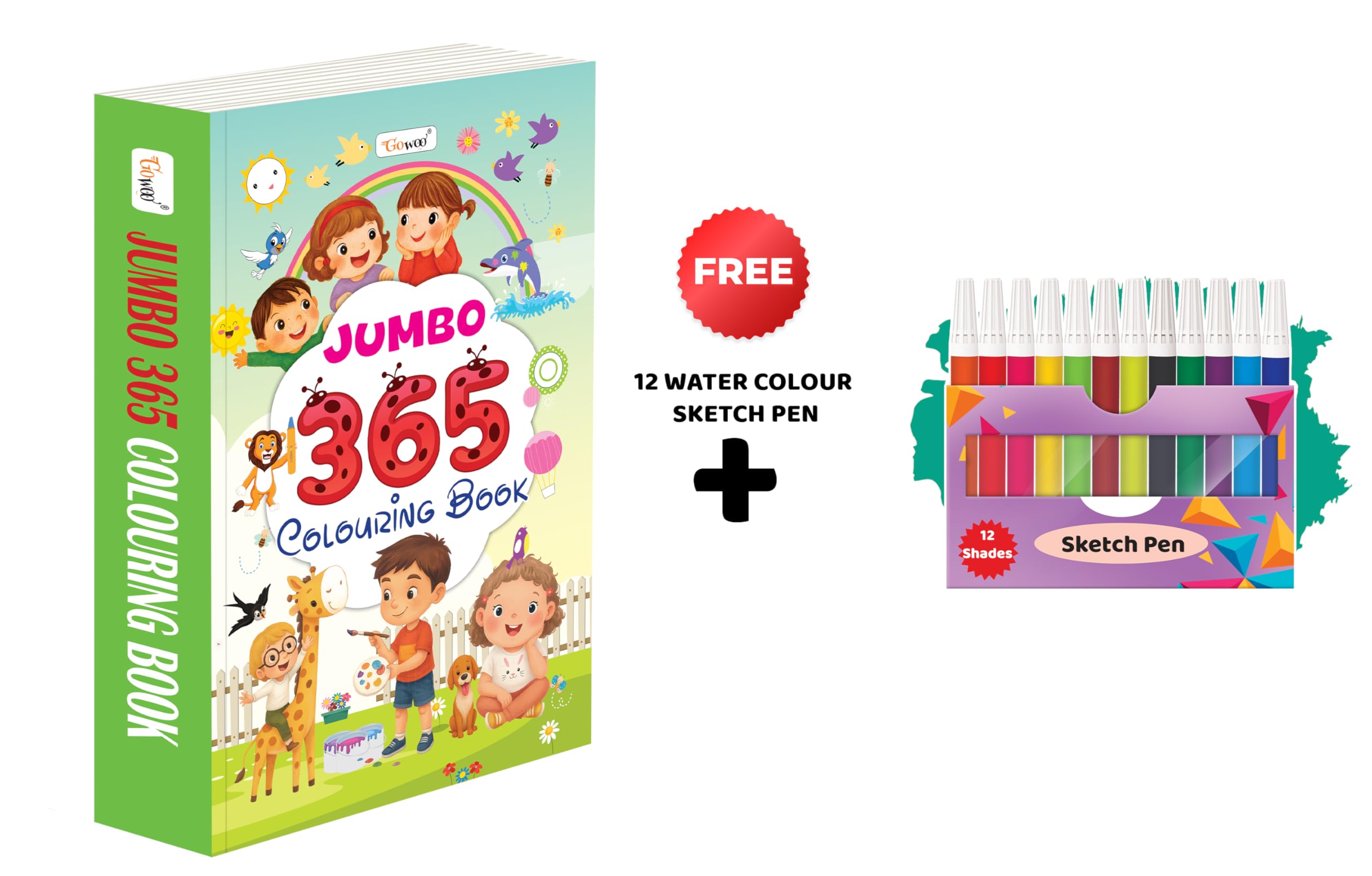 JUMBO  365 Colouring Book and 12 Water Colour Sketch Pens : toddler colouring book, allinone art book, educational colouring