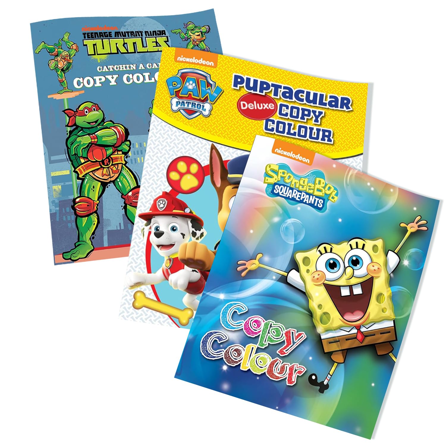 Awesome Set of 3 Copy Colouring Books | Spongebob Squarepants, Teenage Mutant Ninja Turtles & PAW Patrol: Puptacular | For 4 to 