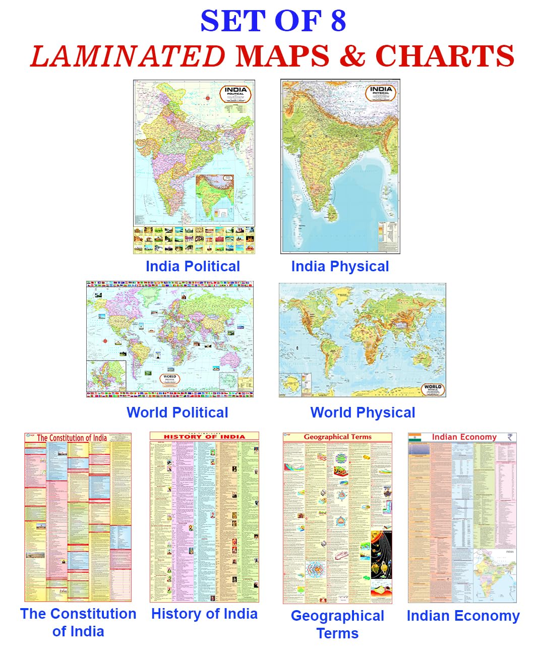 India & World (Both Political & Physical) with Constitution of India, Indian History, Indian Economy & Geographical Terms Chart 