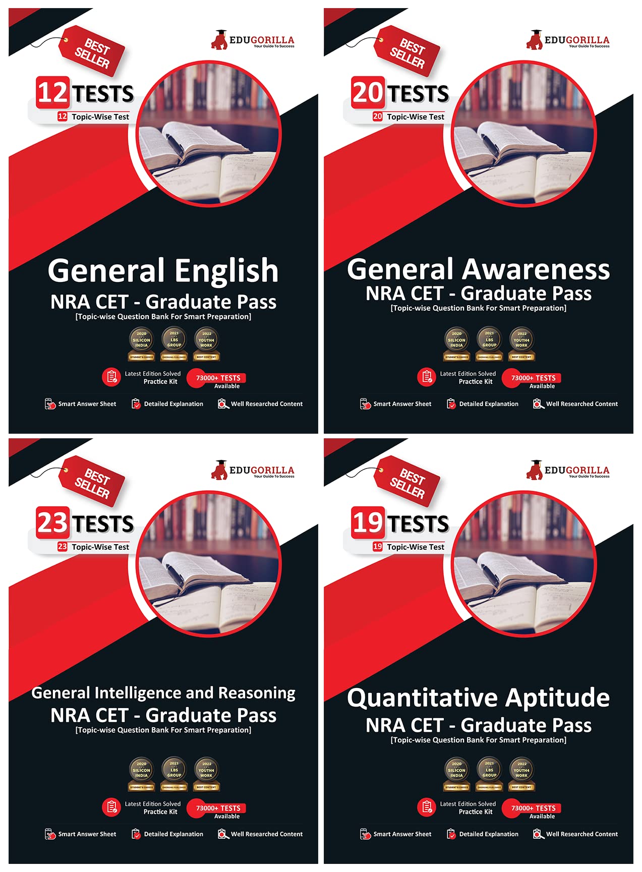 Nra Cet Exam For Graduation Pass (Combo Pack Of 4 Books) | 74 TopicWise Solved Tests (General Intelligence & Reasoning, General