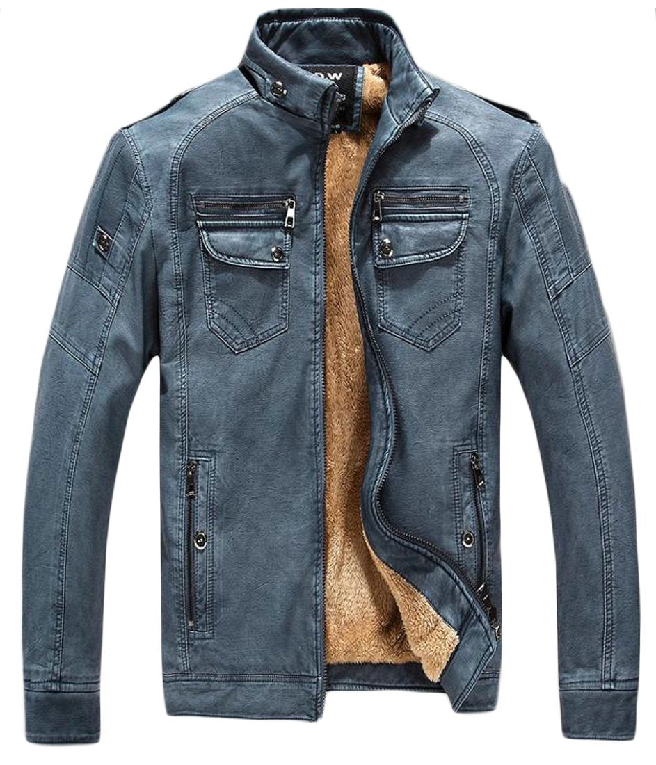 Jmwss Qd Mens Casual Winter Warm Faux Leather Coat Fleece Line Jacket Denim Blue Xxl, Denim Blue, Xxl