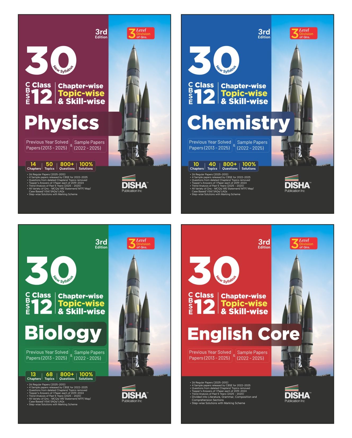 Disha Combo (4 Books) 30 New Syllabus ChapterWise, TopicWise & SkillWise Cbse Class 12 Physics, Chemistry Biology & English C