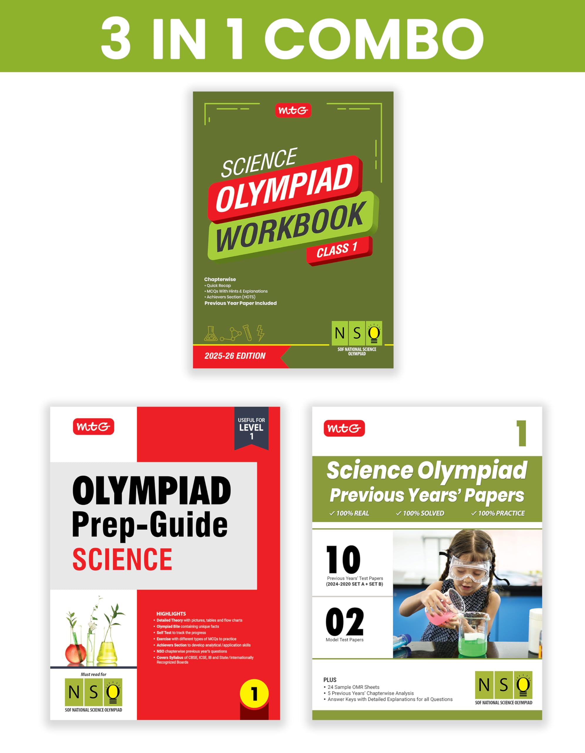 MTG Class1 National Science Olympiad (NSO) Workbook, PrepGuide & Previous Years Papers (PYQs) with Mock Test Paper (Set of 3 B