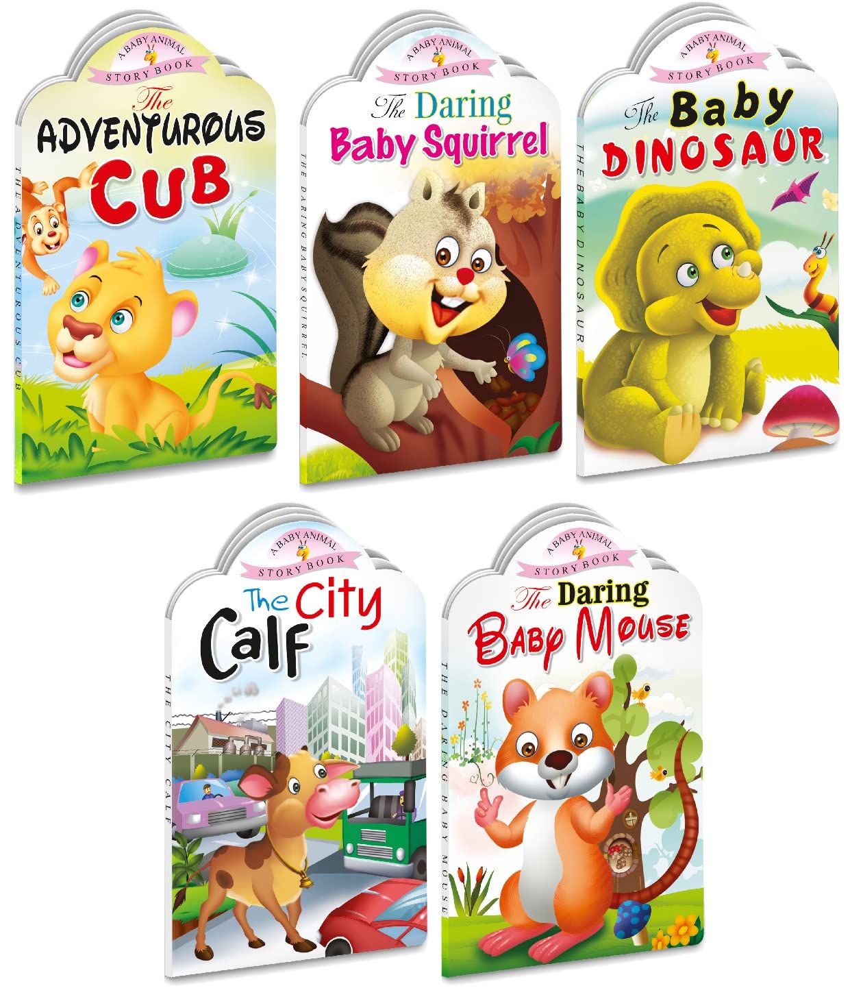 Sawan Set Of 5 Story Books Baby Animals Series (Adventurous Cub,Baby Squirrel,Baby Dinosaur,City Calf & Baby Mouse) [Board Book]