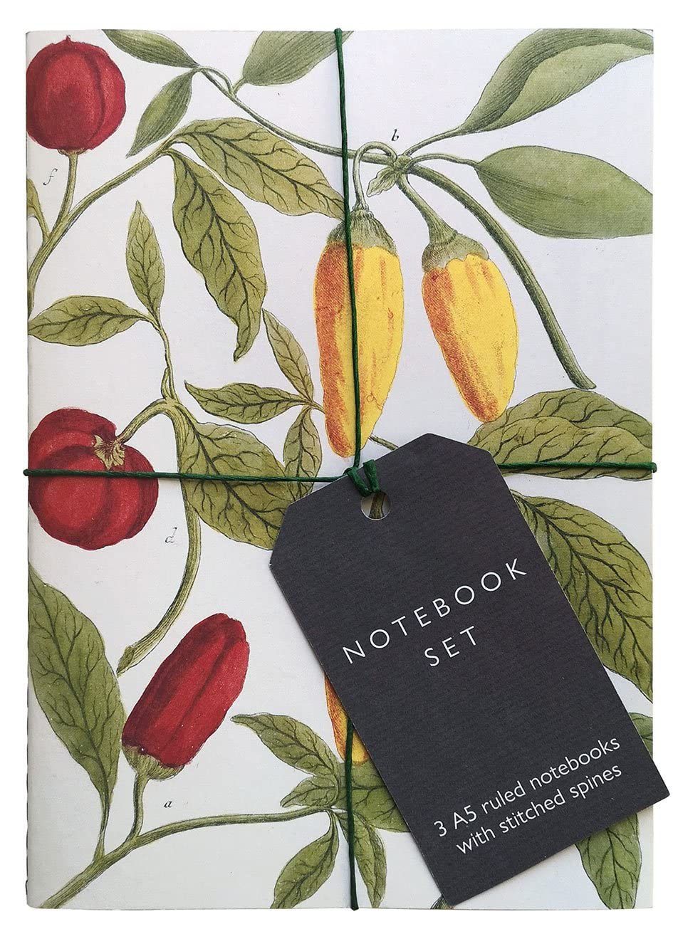 Botanical Art Notebook Set  Lemon, Chillis and Apples: 3 A5 Ruled Notebooks with Stitched Spines