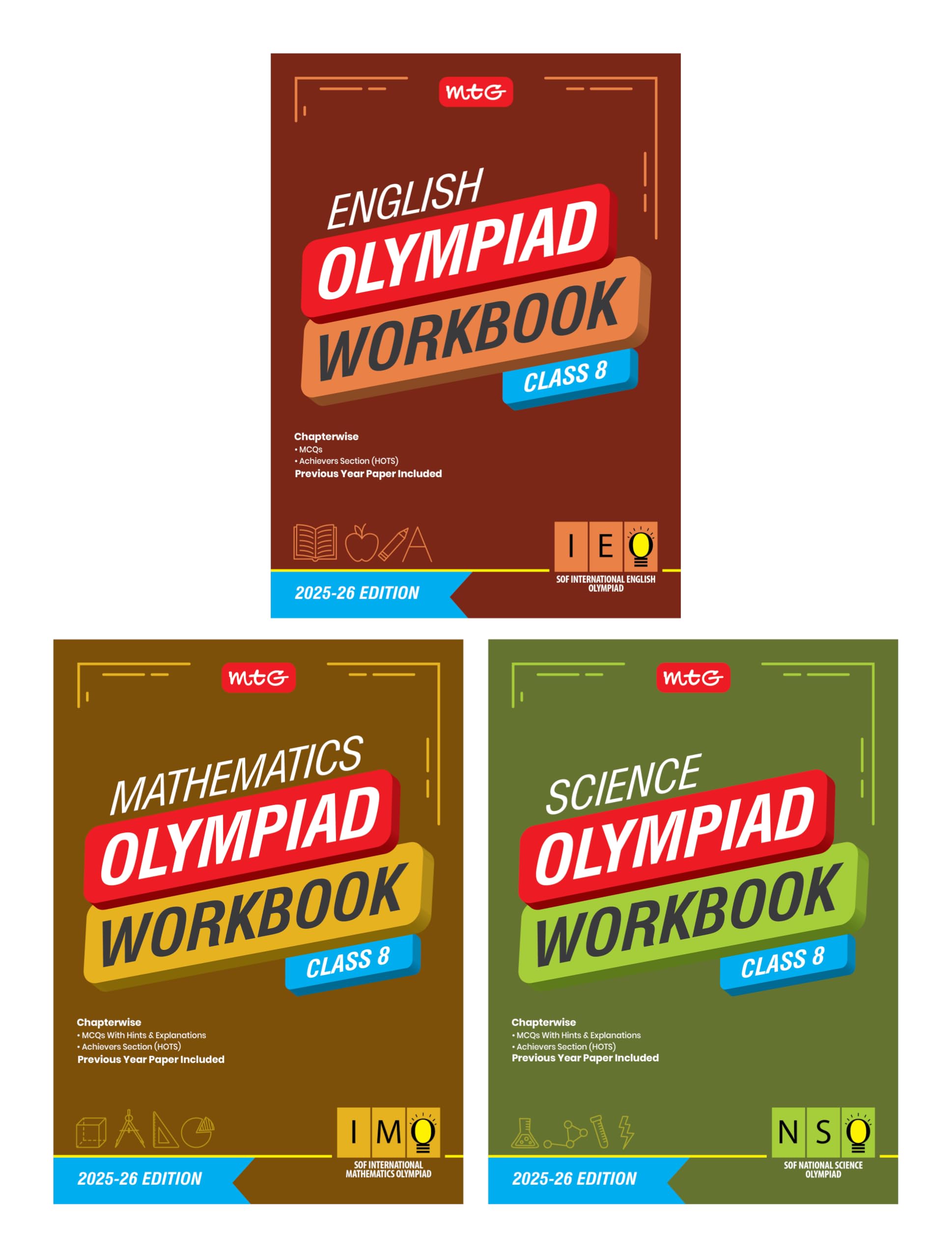 MTG Class8 NSOIMOIEO (Science, Mathematics & English) Olympiad Workbook Combo (Set of 3 Books) | MCQs, & Achievers Section  