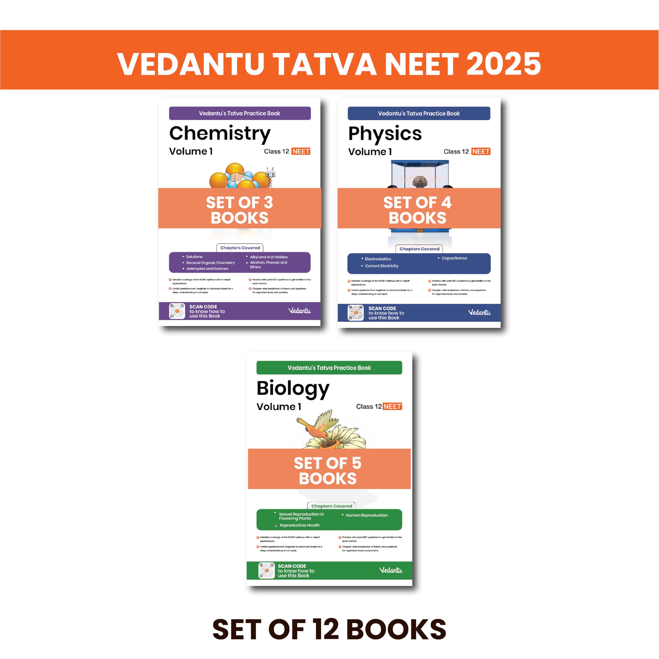 Vedantu NEET PCB Class 12 (12 Books) Tatva Practice Books (Black & White)| Topicwise Concept Videos Exercises with PYQs Solved 
