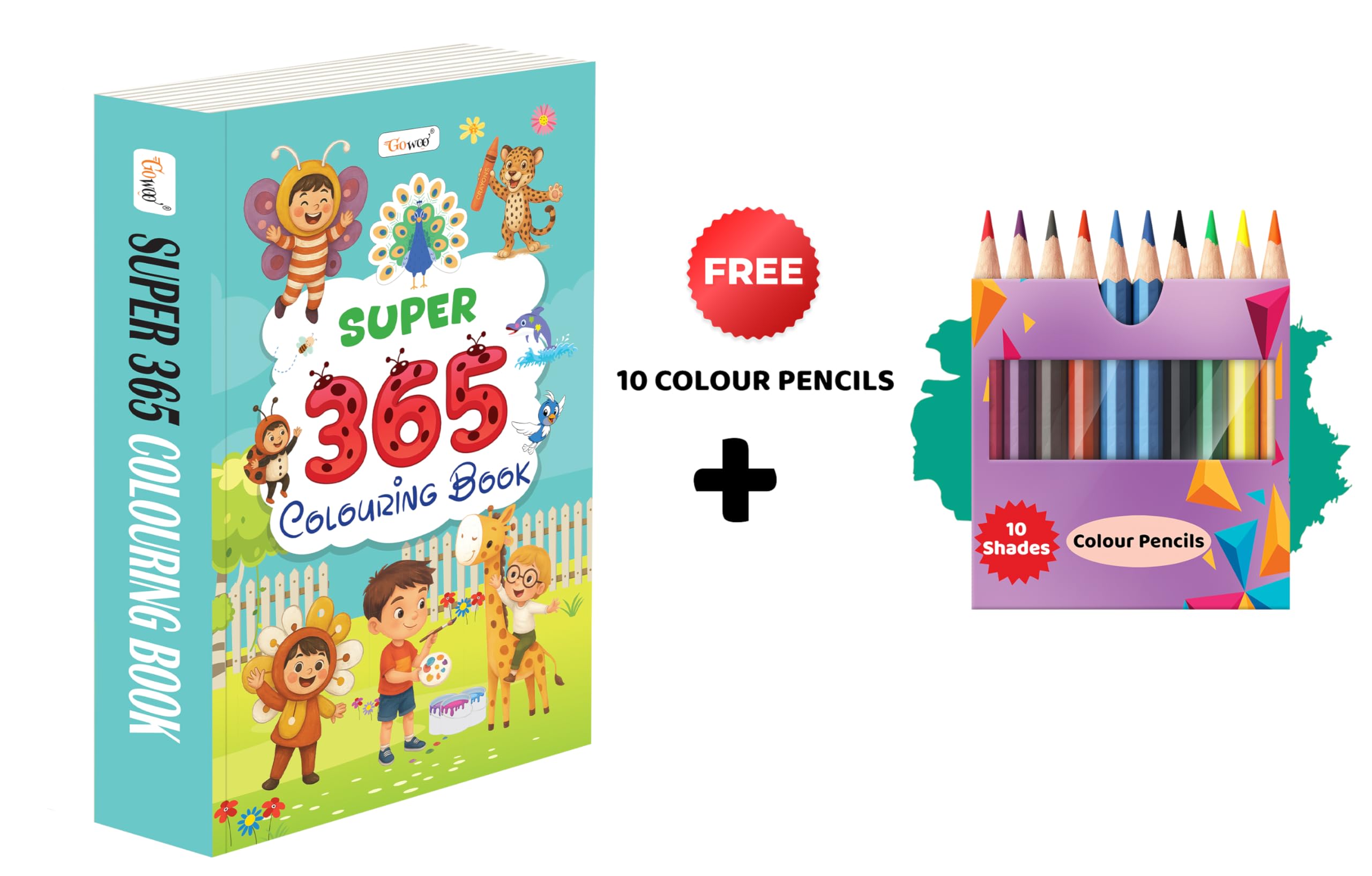 SUPER  365 Colouring Book and 10 Colour Pencils : creative colouring for kids, thick colouring book, allinone colouring set,
