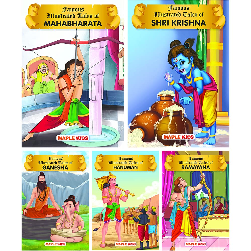Famous Mythology Tales (Illustrated) for kids  Krishna, Ramayana, Ganesha, Hanuman, Mahabharata (Set of 5 Books)