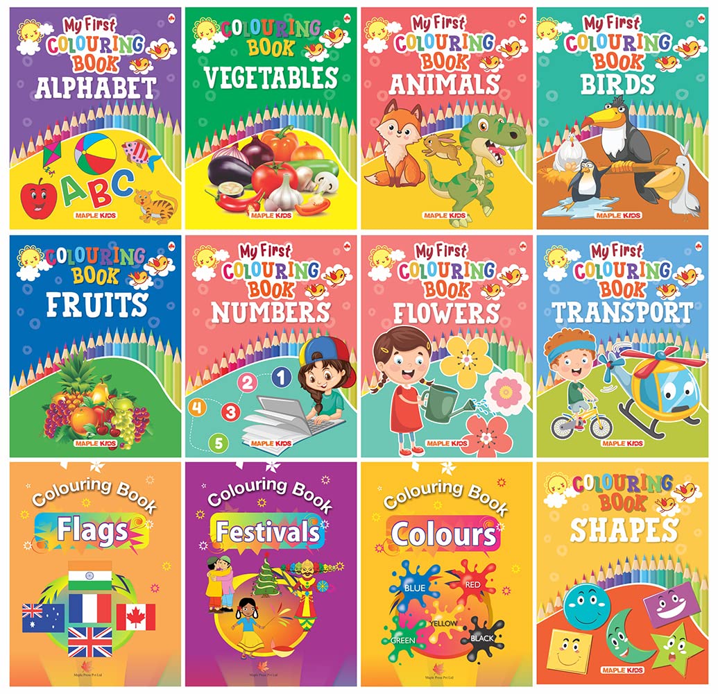 Colouring Books for Kids (Set of 12 Books)  Alphabet, Vegetables, Animals, Fruits, Numbers, Birds, Flowers, Transport, Flags, F