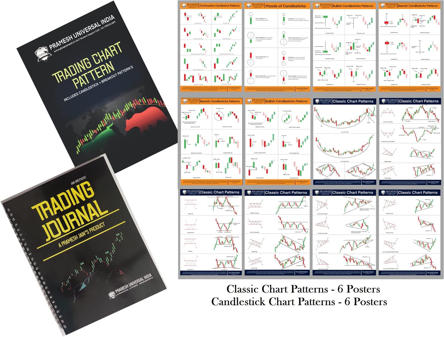 Trading Chart Pattern Book, Trading Journal Diary, Pack of 6 Classic Pattern Chart, and Pack of 6 Candlestick Chart Pattern | Tr