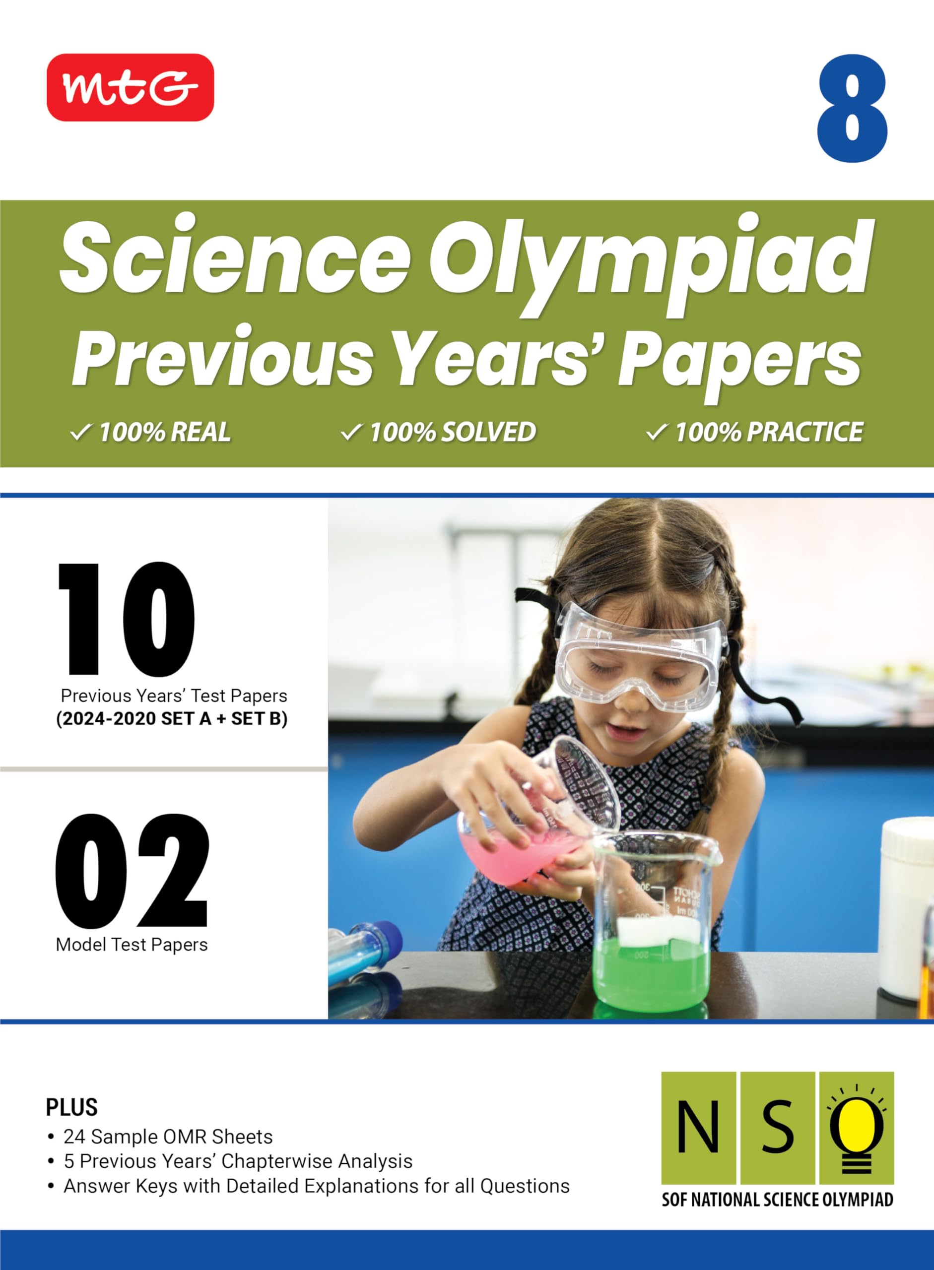 MTG Class8 NSO Olympiad 10 Previous Years Papers Science (20242020 Set A & B)  Model Test Papers with 24 Sample OMR Sheets & 