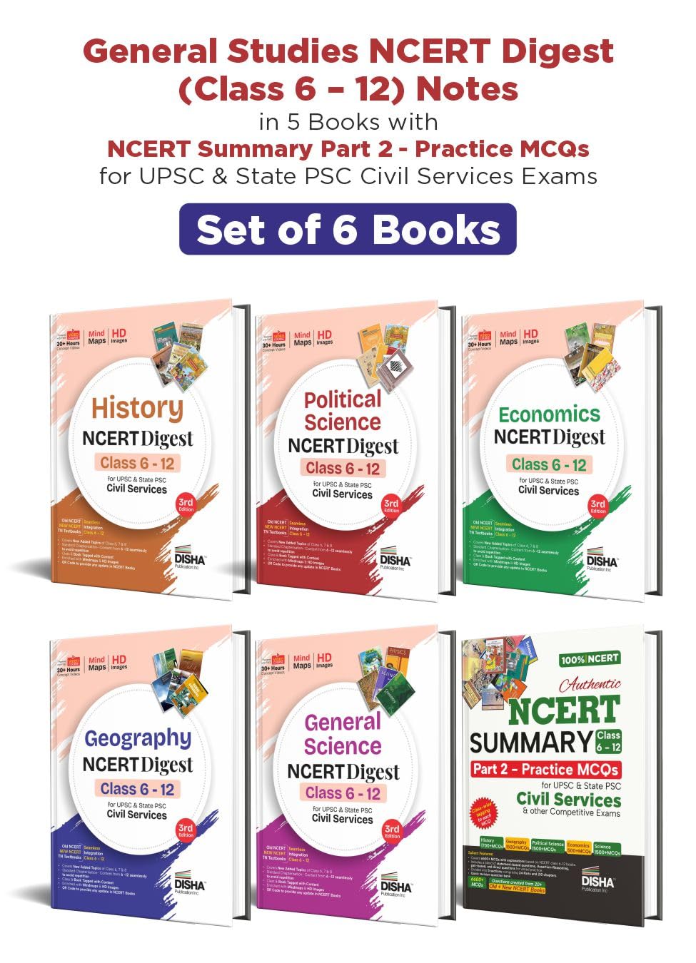 Disha Combo (6 Books) General Studies NCERT Digest (Class 6  12) Notes in 5 Books with NCERT Summary Part 2  Practice MCQs for