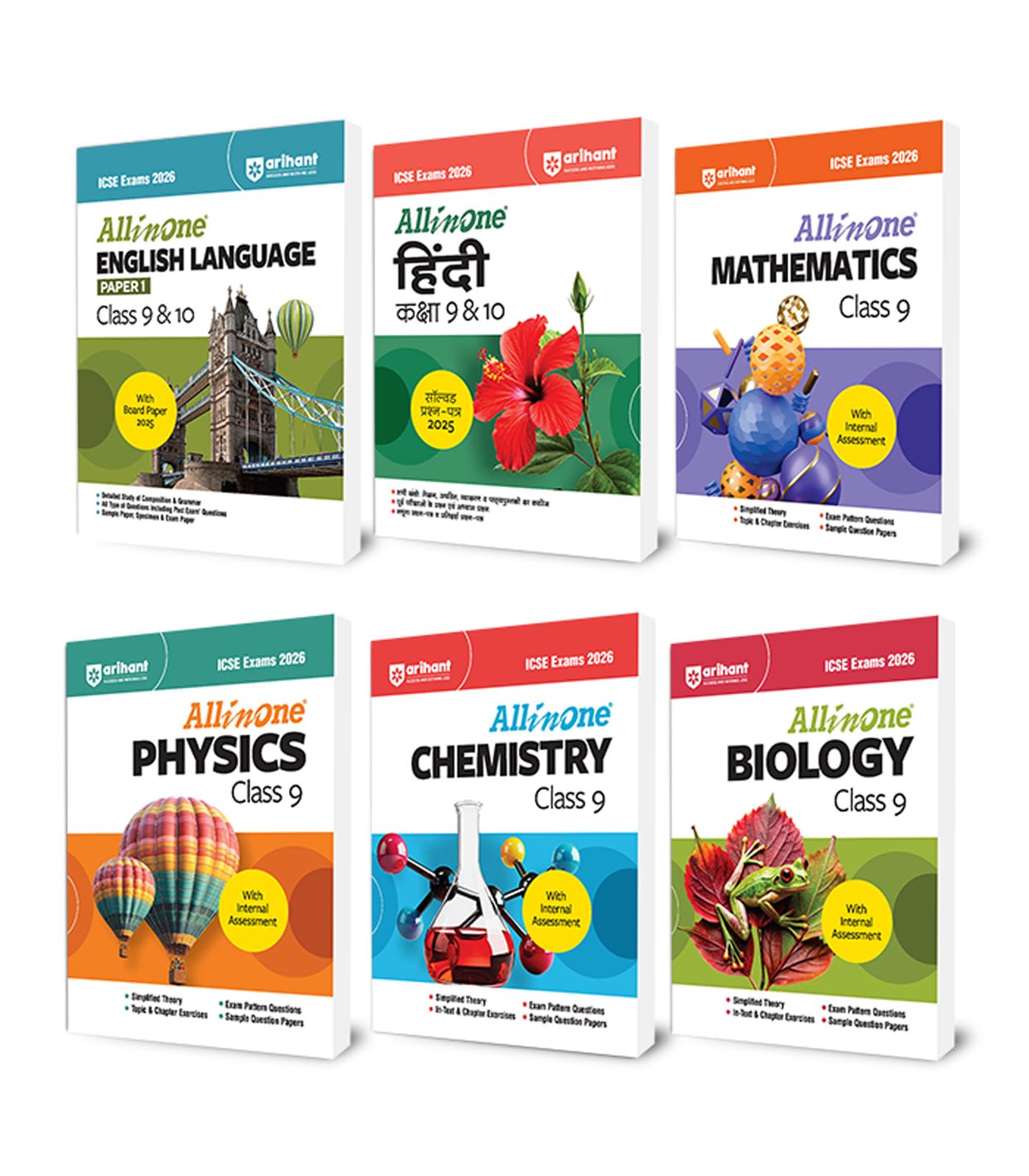 Arihant ICSE All in One Physics, Chemistry, Math, Biology, Hindi and English Language Class 9 Exam 2026 | Simplified Theory, In