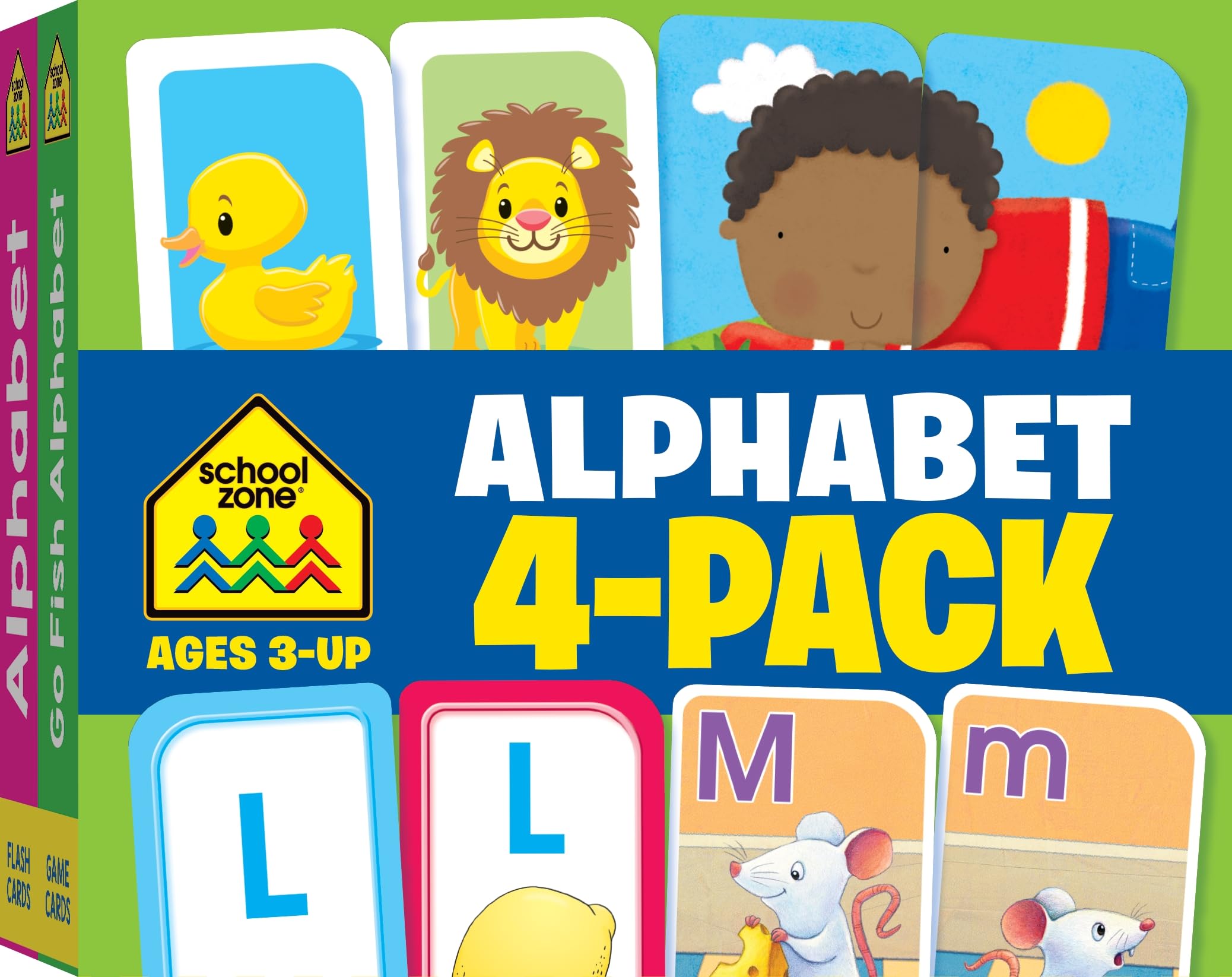 School Zone  Alphabet 4Pack Flash Cards  Ages 3+, Preschool, Kindergarten, Go Fish Alphabet, ThreeLetter Words, Alphabet Mat