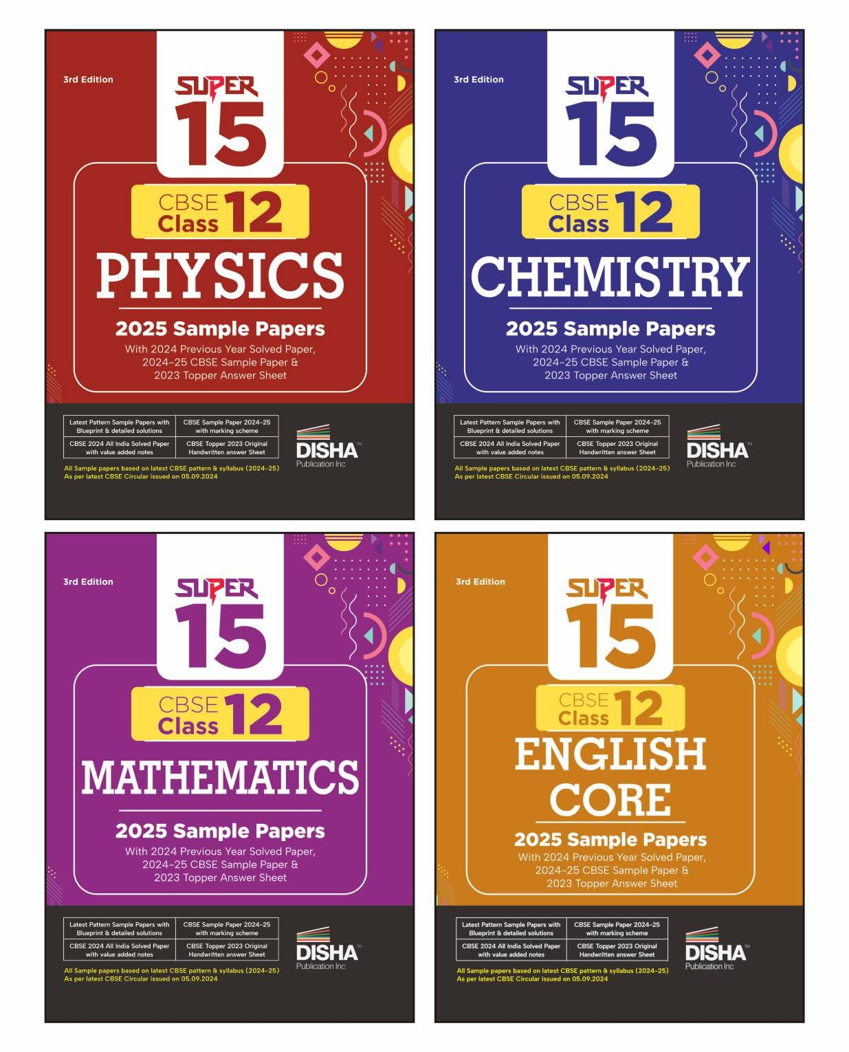 Disha Combo Of Super 15 Cbse Class 12 Physics, Chemistry, Mathematics & English Core 2025 Sample Papers | 2024 Solved Papers | T