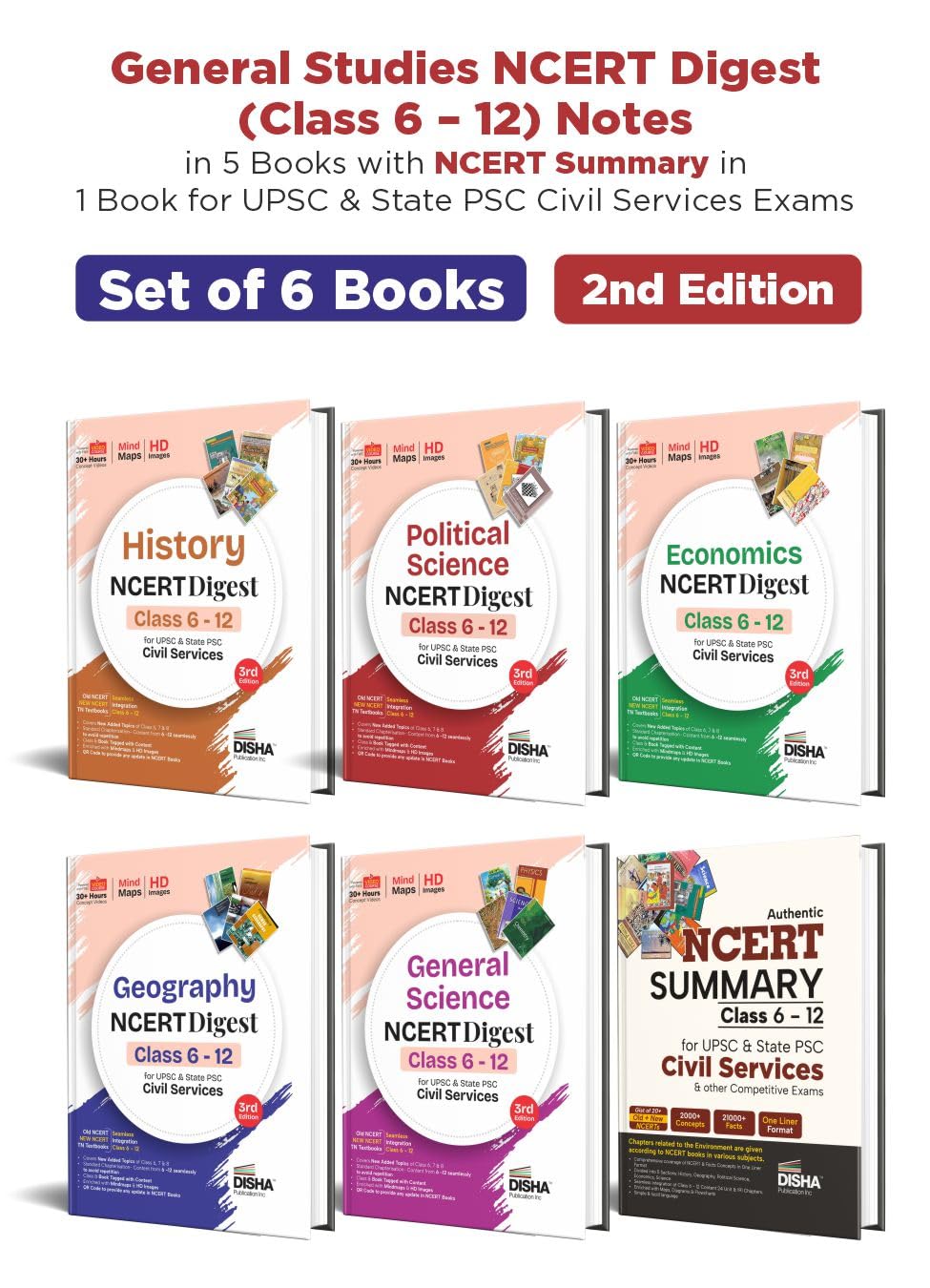 Disha Combo (6 Books) General Studies NCERT Digest (Class 6  12) Notes in 5 Books with NCERT Summary in 1 Book for UPSC & State