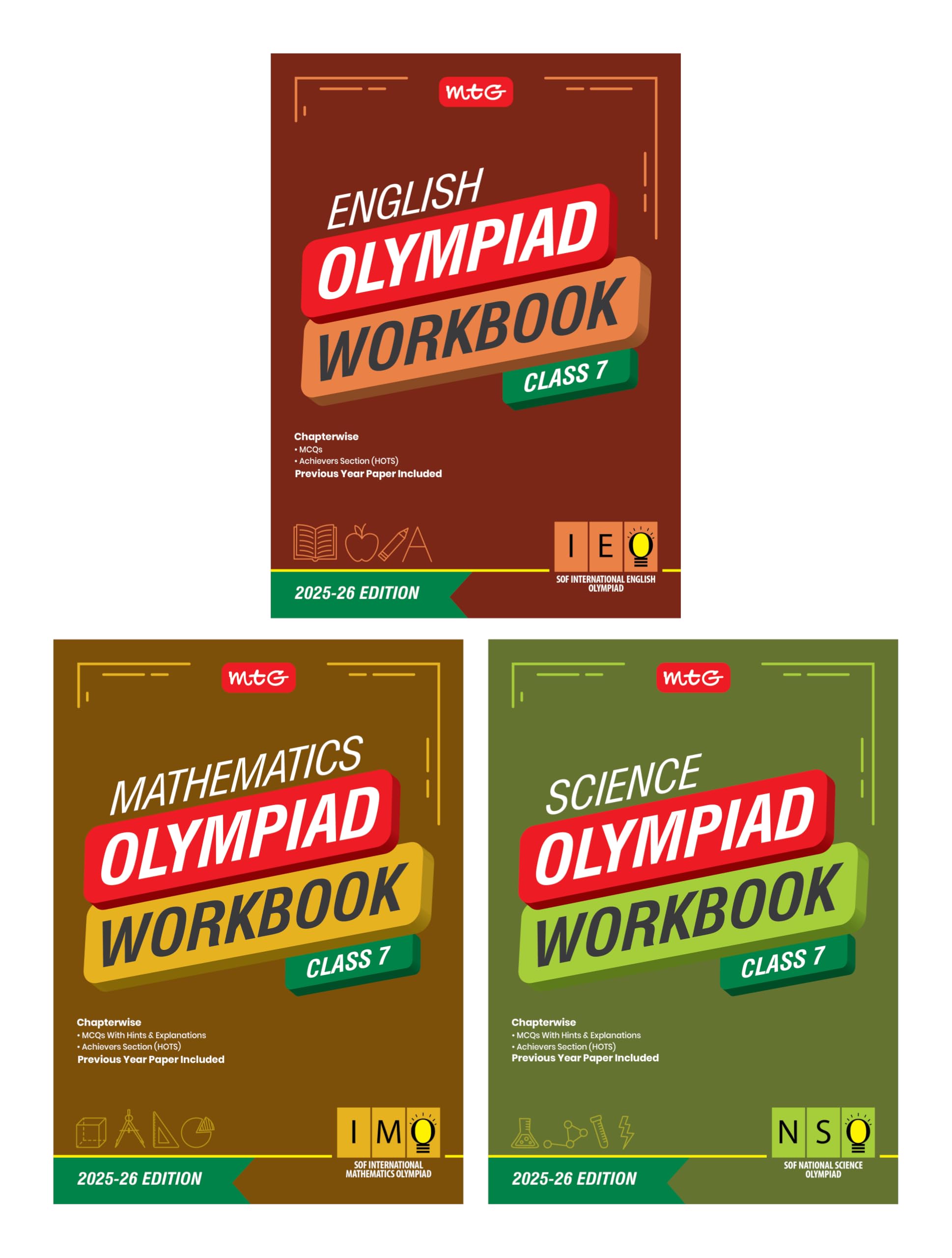 MTG Class7 NSOIMOIEO (Science, Mathematics & English) Olympiad Workbook Combo (Set of 3 Books) | MCQs, & Achievers Section  
