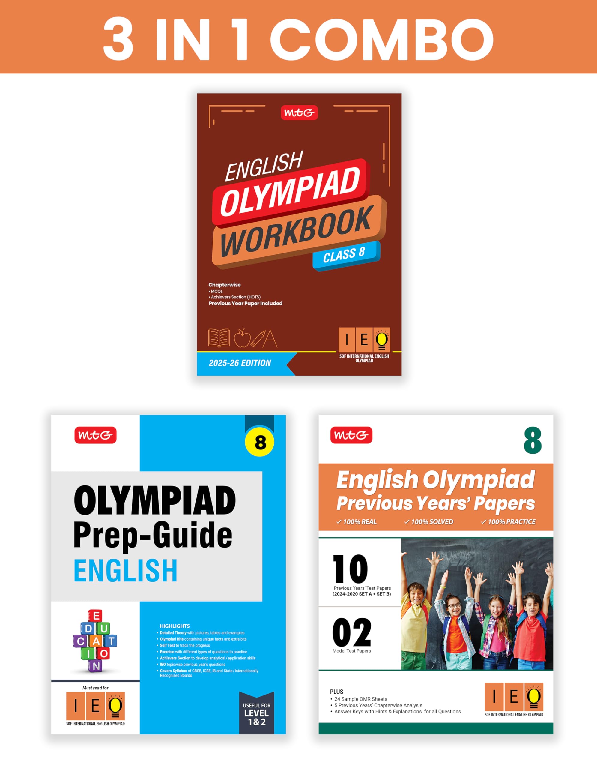 MTG Class8 International English Olympiad (IEO) Workbook, PrepGuide & Previous Years Papers (PYQs) with Mock Test Paper (Set o