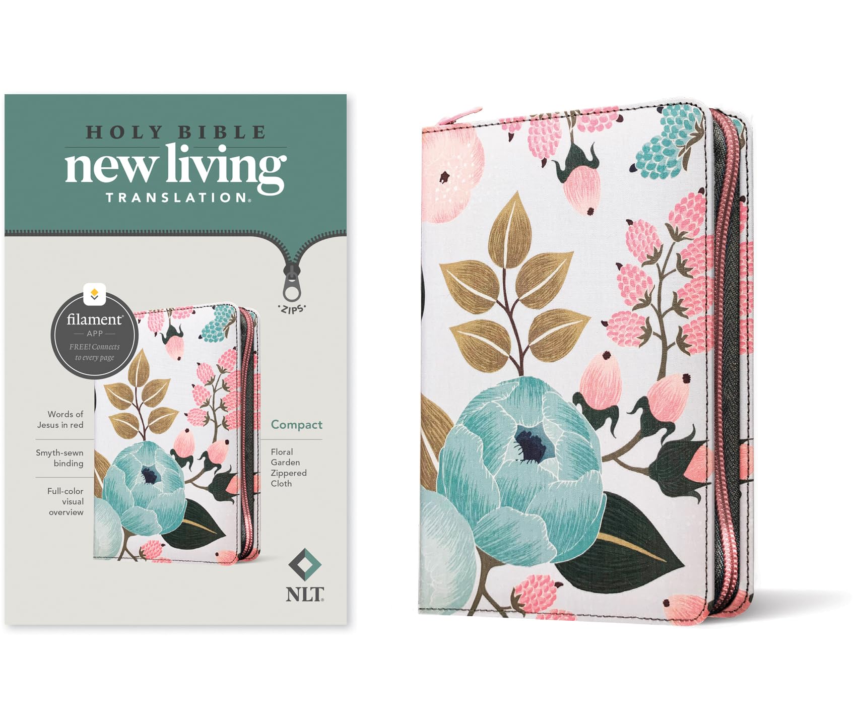 NLT Compact Zipper Bible, Filament Enabled (Cloth, Floral Garden, Red Letter)