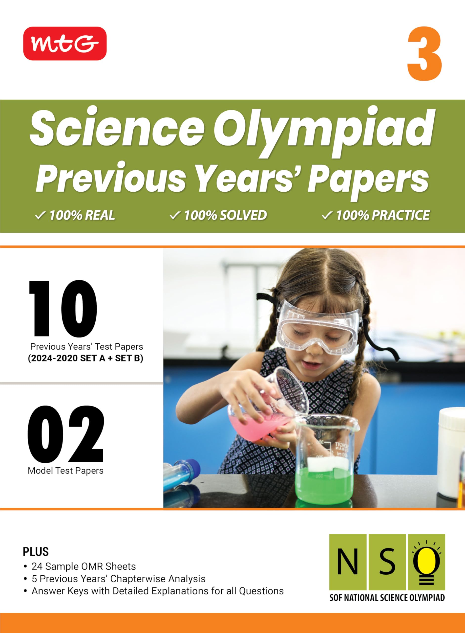 MTG Class3 NSO Olympiad 10 Previous Years Papers Science (20242020 Set A & B)  Model Test Papers with 24 Sample OMR Sheets & 