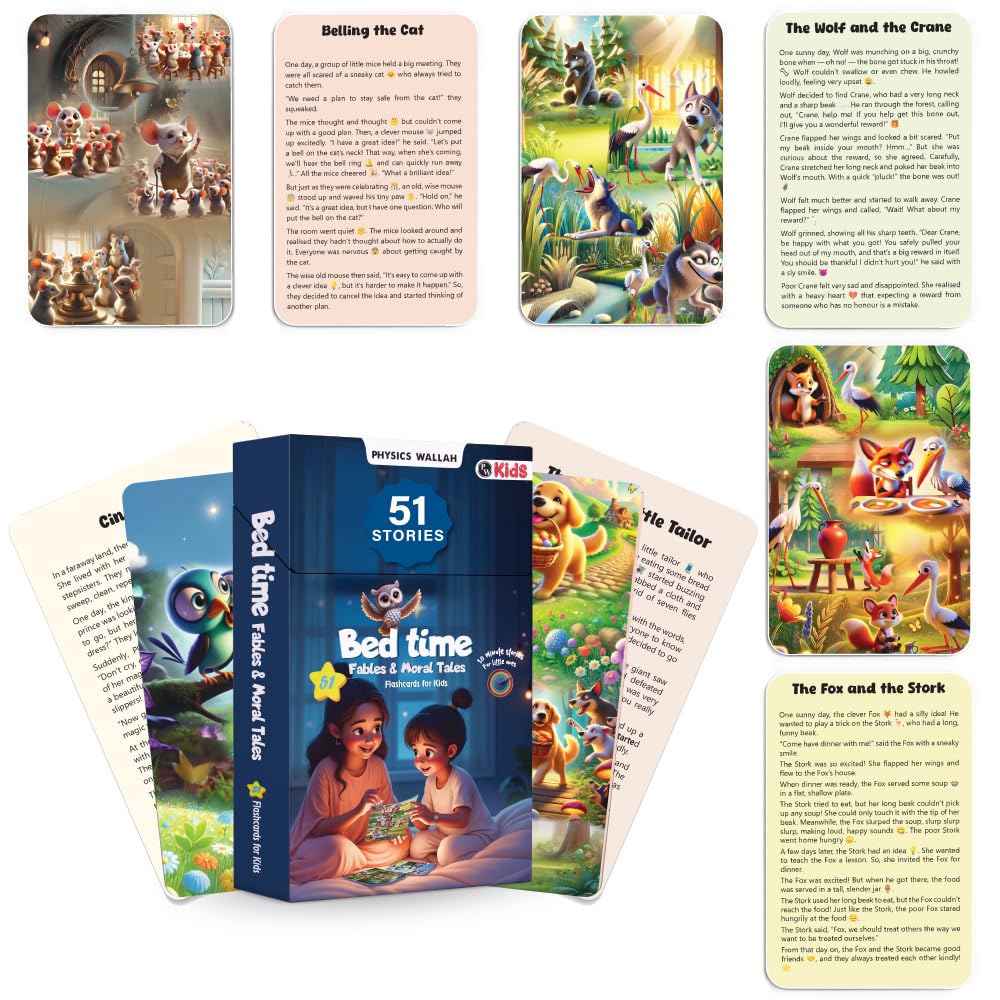 Bedtime Fables and Moral Tales Flashcards for Kids, 51 Colourful & Short Stories Flashcards for 36 Years Old, Montessori Educat