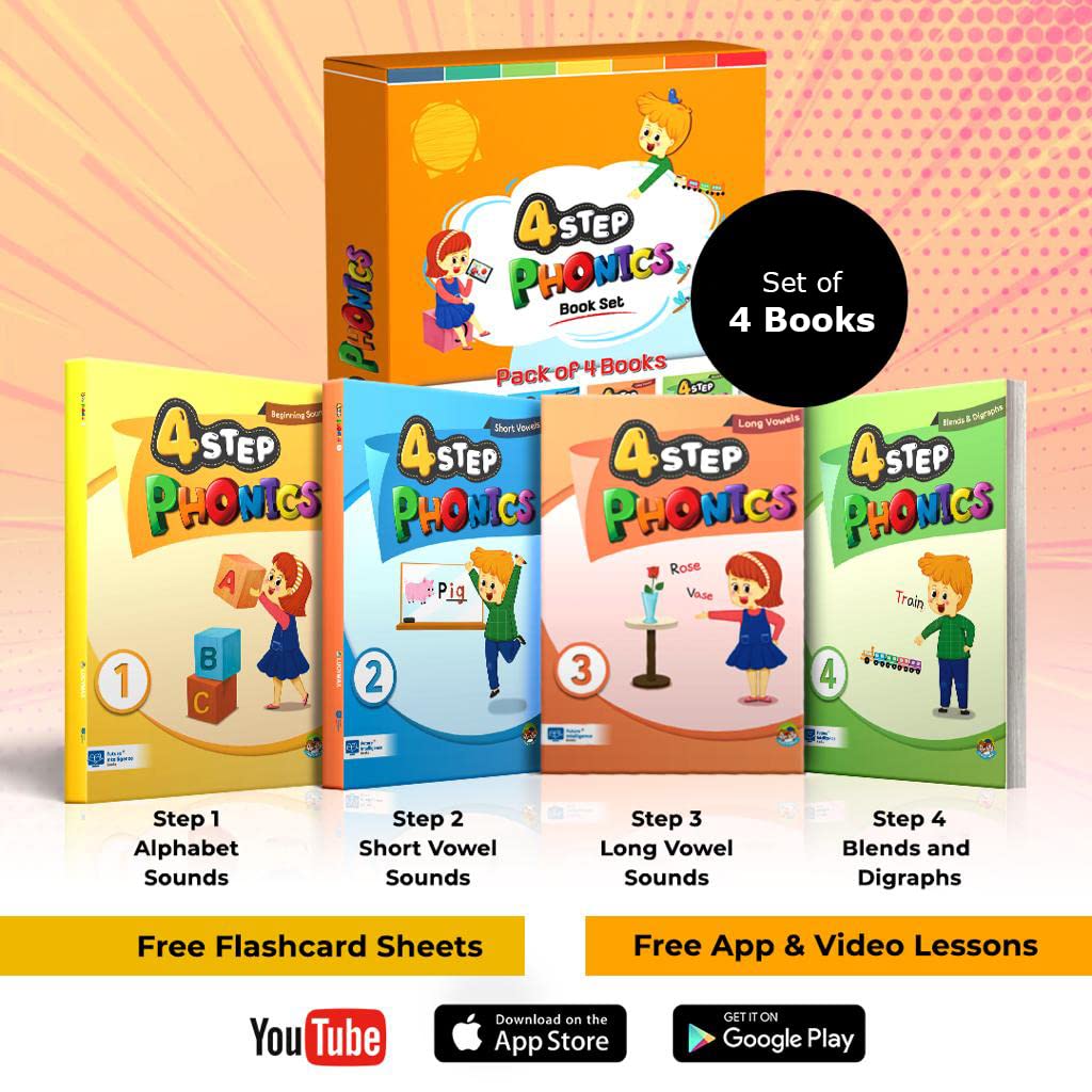 4 Step Phonics Set Of 4 Books Pack For Children Age 3 10 Years / Beginning Sounds, Short Vowels, Long Vowels, Blends & Digraphs