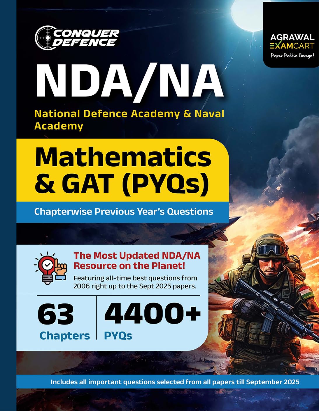 Examcart Conquer Defence NDA/NA Mathematics & General Ability Test (GAT) PYQs Book 2026 | 63 Chapters & 4400+ Previous Year Ques