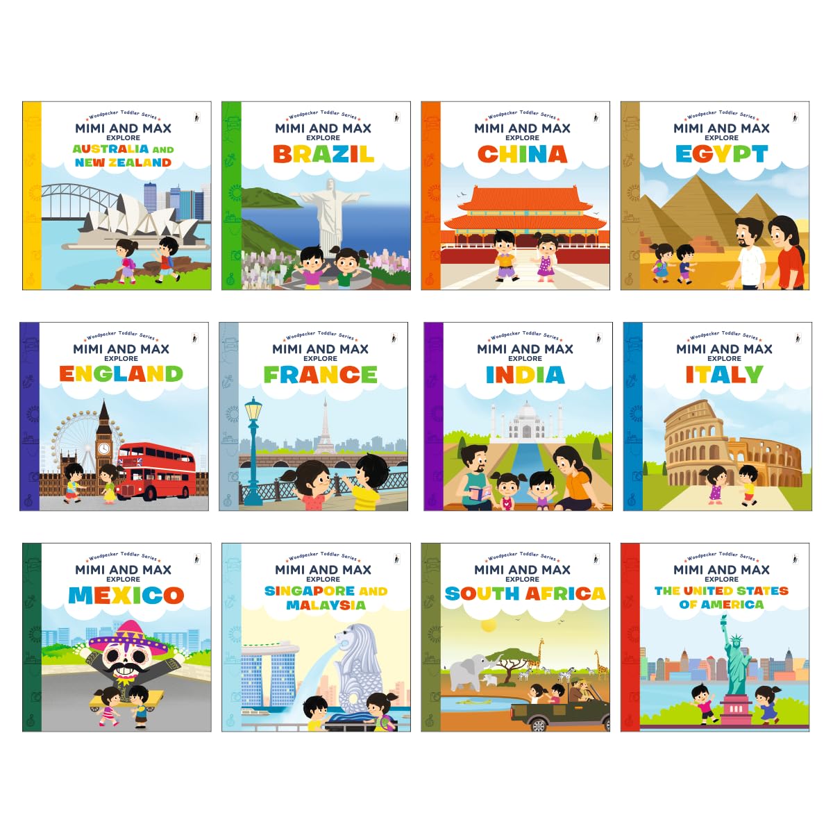 Mimi & Max Explore Collection of 12 Books for Kids: France,Italy,India,Egypt,South Africa,Singapore & Malaysia,France,China,and 