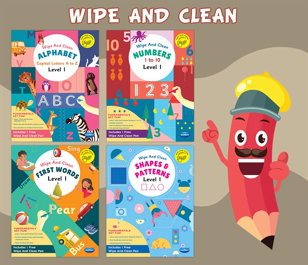 Navneet Wipe And Clean School Readiness Activity Books  Set Of 4  Alphabet A To Z, Numbers 1 To 10, First Words, Shapes & Patt