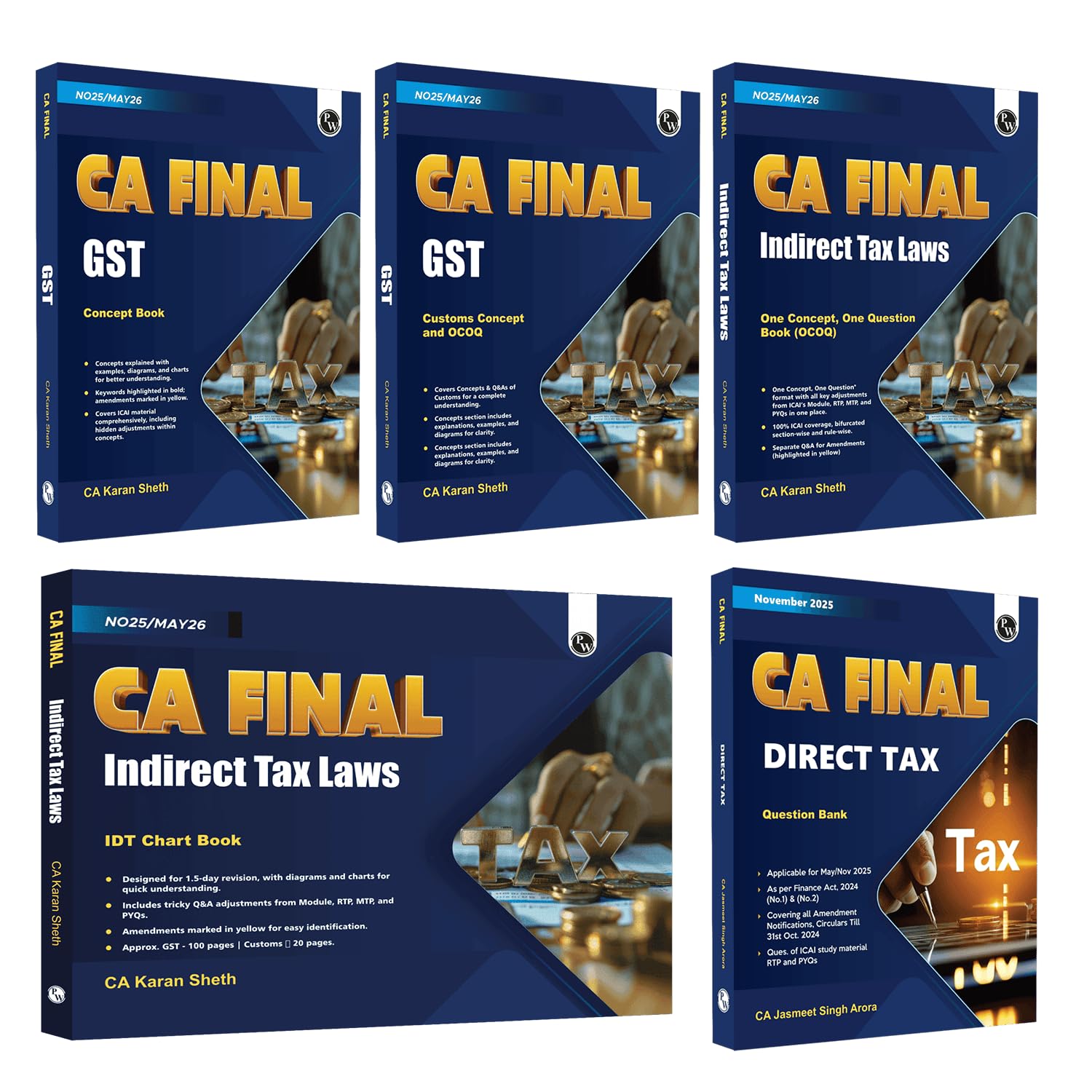 PW CA Final Group 2 Combo Set of 5 BooksIndirect Tax Laws GST Concept, Customs, IDT Chart, One Concept, One Question (OCOQ) Q&A