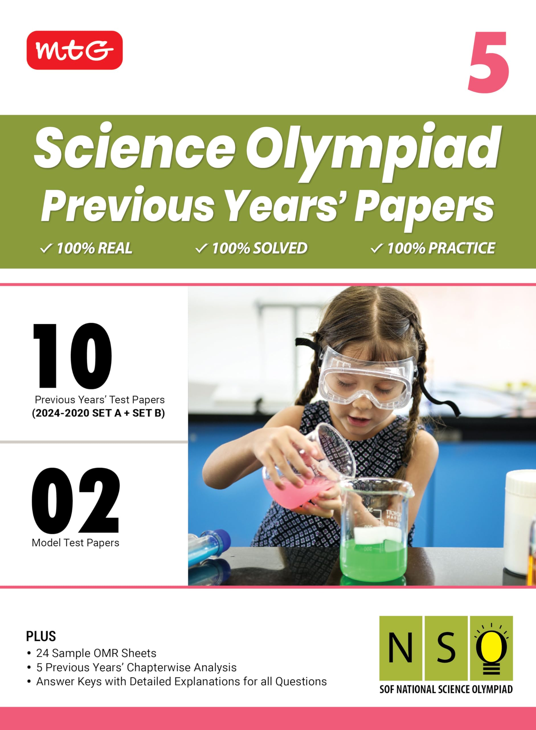 MTG Class5 NSO Olympiad 10 Previous Years Papers Science (20242020 Set A & B)  Model Test Papers with 24 Sample OMR Sheets & 