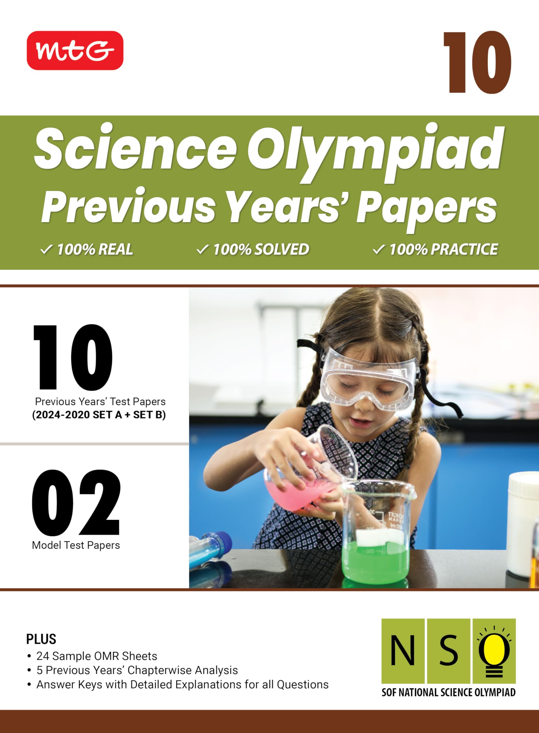 MTG Class10 NSO Olympiad 10 Previous Years Papers Science (20242020 Set A & B)  Model Test Papers with 24 Sample OMR Sheets &