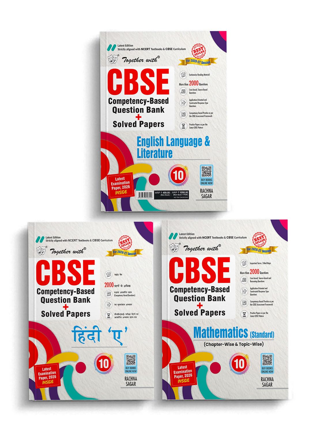 Together with CBSE Question Bank Class 10 202627 English LLR, Hindi A & Maths (Std) | Combo of 3 Books with Practice Papers & S