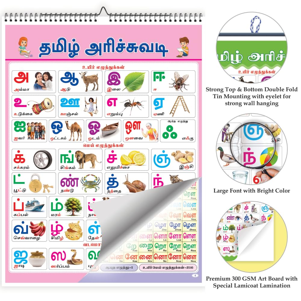 Inikao All In One Spiral Board Chart  Pack Of 14 (Tamil Alphabet) | English Themes + Tamil Uyir & Mei Ezhuthukkal | Preschool W