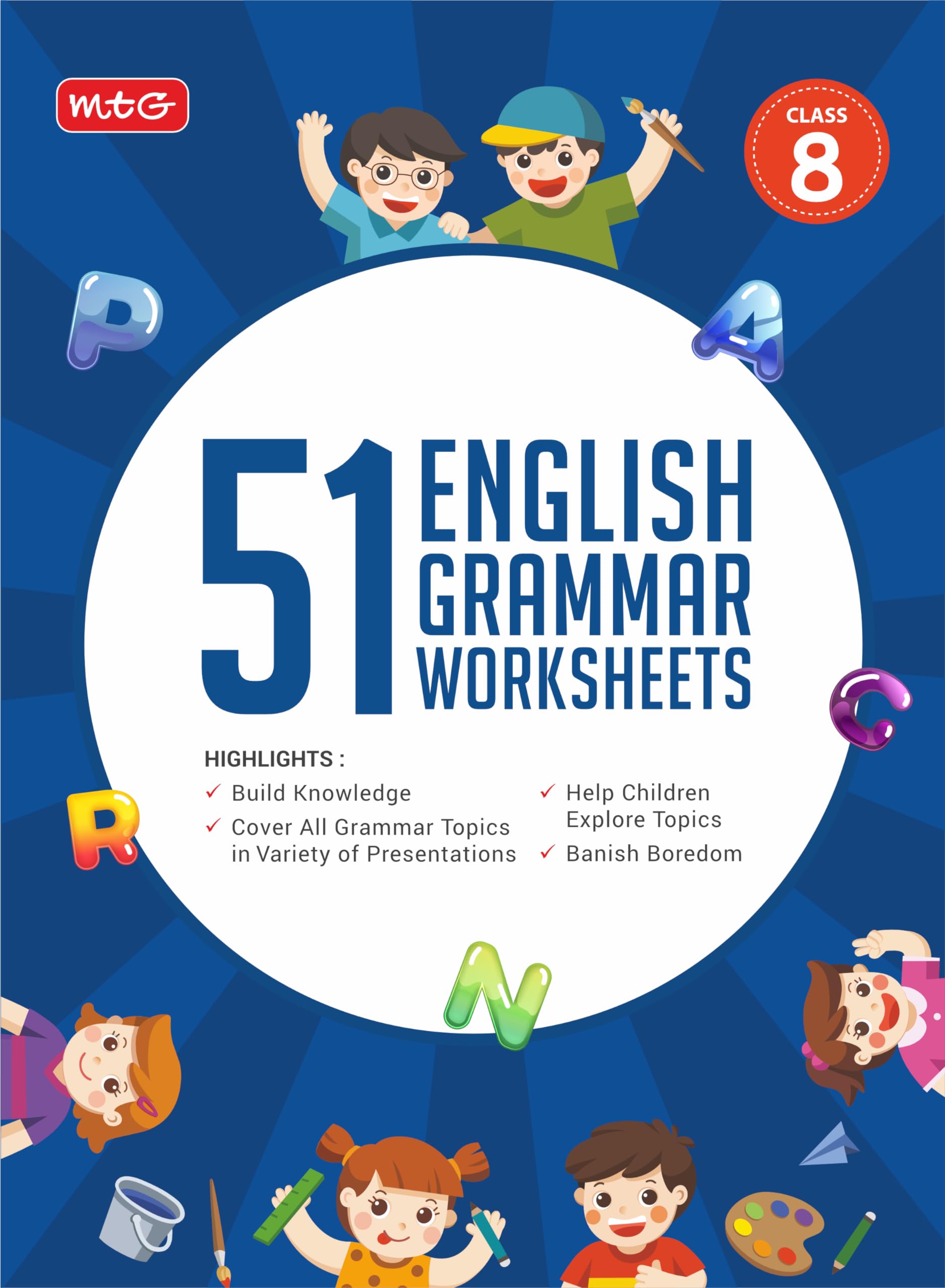 MTG 51 English Grammar Worksheets Class 8  Grammar Work books to practice English concepts in interactive way (Based on CBSE/NC
