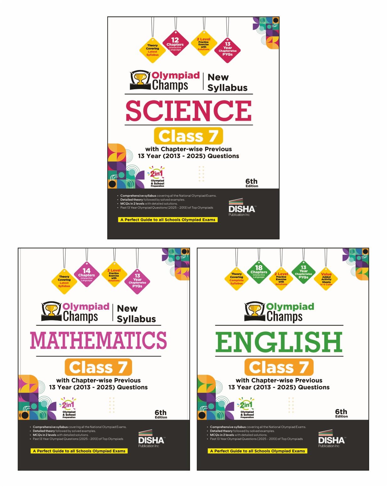 Disha Combo (3 books) Olympiad Champs New Syllabus Science, Mathematics, English Class 7 with Past Questions with Chapterwise P