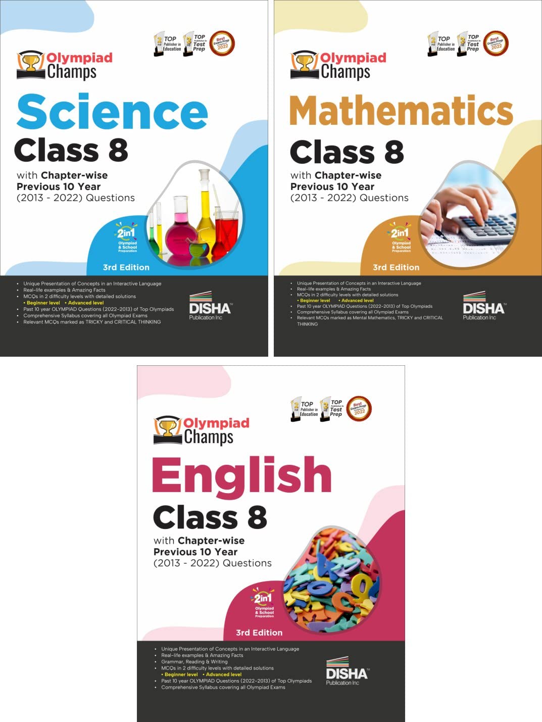 Olympiad Champs Science, Mathematics, English Class 8 With Past Questions 5Th Edition (Set Of 3 Books) Disha Experts